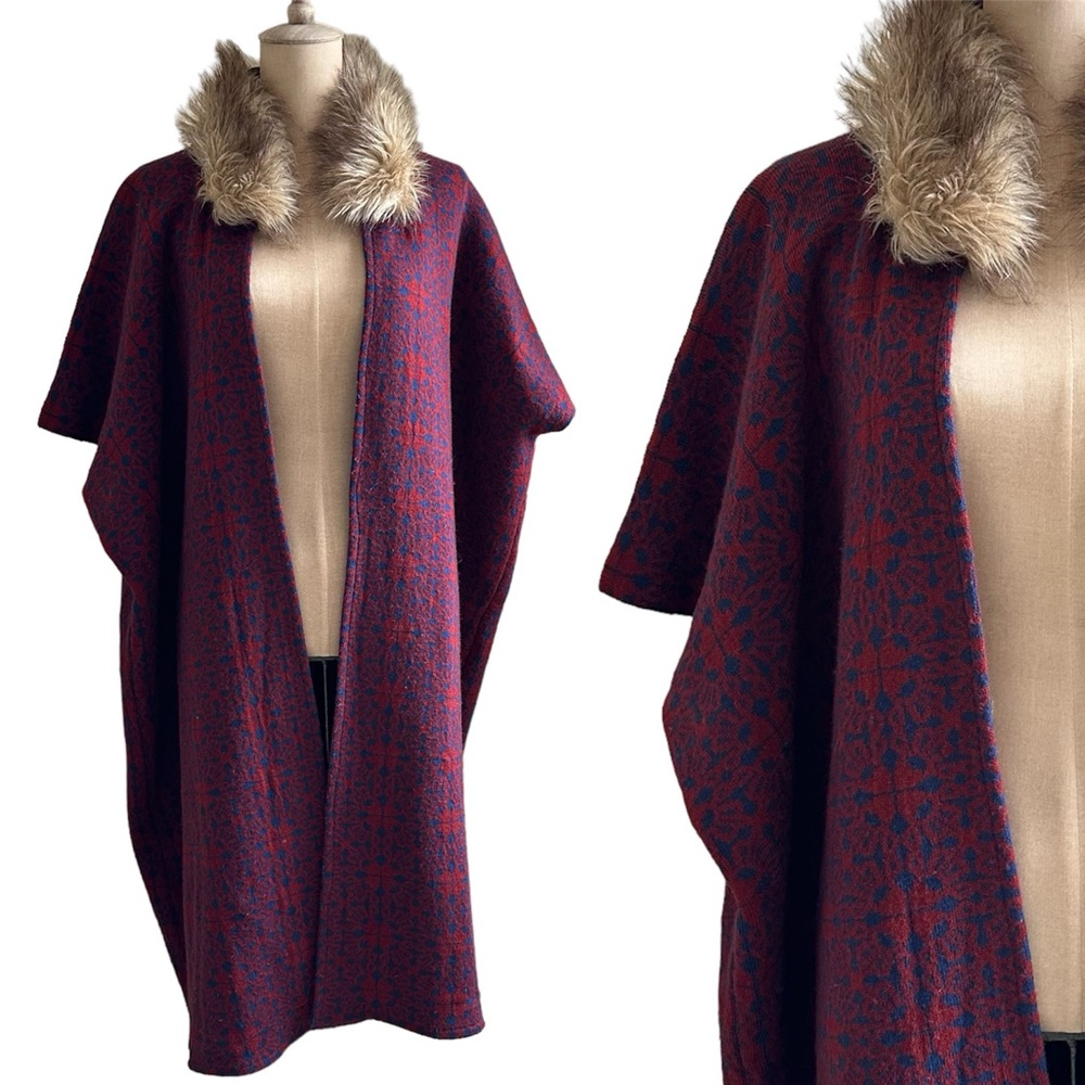 World Market Faux Fur Collar knit Duster Kimono Sweater